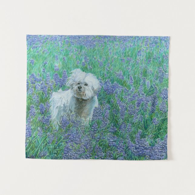 Tapiz Frisa de Bichon en Bluebonnets (Anverso (horizontal))