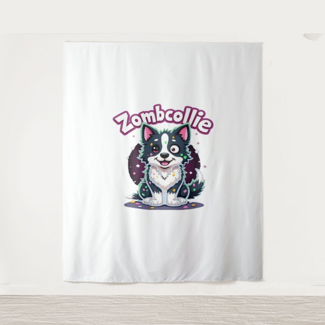 Tapiz Frontera Collie BC Perro zombie Halloween esencial (Anverso)