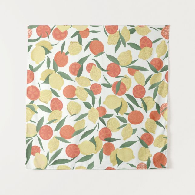 Tapiz Frutas de limón y naranja con hojas sobre fondo bl (Anverso)