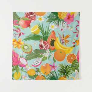 Tapiz Frutas tropicales, flores: fondo vintage.