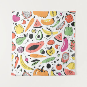 Tapiz Frutas, verduras dibujadas a mano.