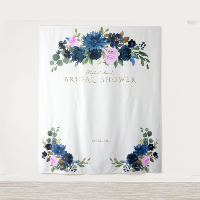 Tapiz Fuchsia Blue Floral Bridal Shower Photo Booth Prop (Anverso)