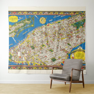 Tapiz Fun Vintage 1926 Mapa de Manhattan Pictorial Resta