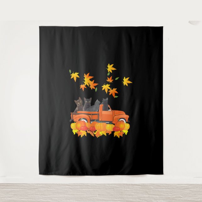 Tapiz Funny Black Cats Truck Autumn Pumpkin Maple Leaf (Anverso)