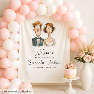 Tapiz Funny Bride y Groom Boda fondo acuarela
