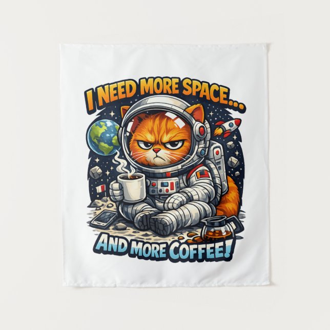 Tapiz  Funny Grumpy Cat, Need More Space And More Coffee (Anverso)