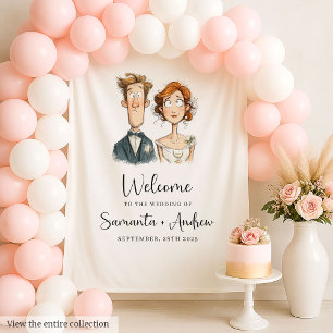 Tapiz Funny Quirky Newlyweds Boda fondo acuarela