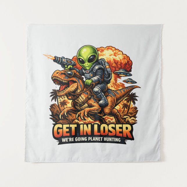 Tapiz Funny Sci-Fi Fantasy Meme Art, Alien Riding Dinosa (Anverso)