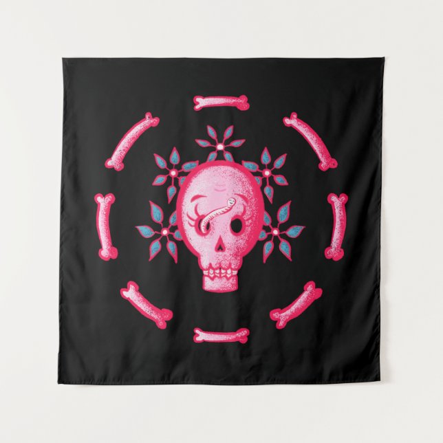 Tapiz Funny Skull Design - Calavera rosa con gusano feli (Anverso)