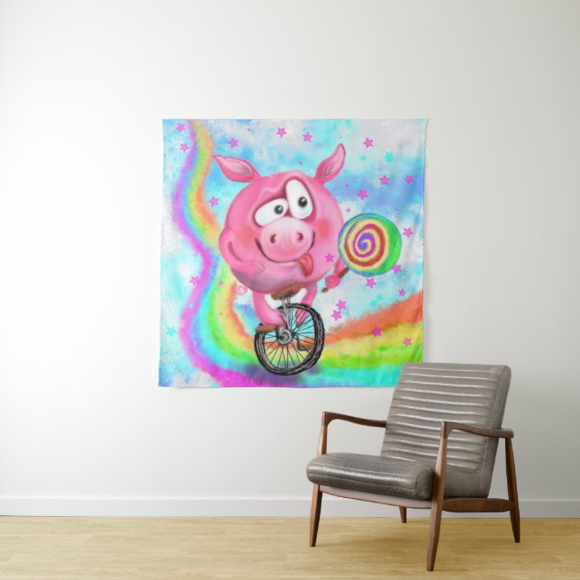 Tapiz Funny Tapestry de Acrobat Pig Cyclist con Lollipop (In situ)