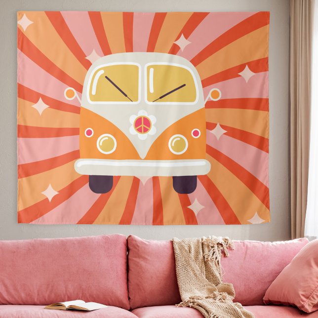 Tapiz Furgoneta Hippie Groovy Rosa y Naranja Retro 60 (Groovy Hippie Van Pink & Orange 60s Retro Tapestry party backdrop decoration college dorm room decor)