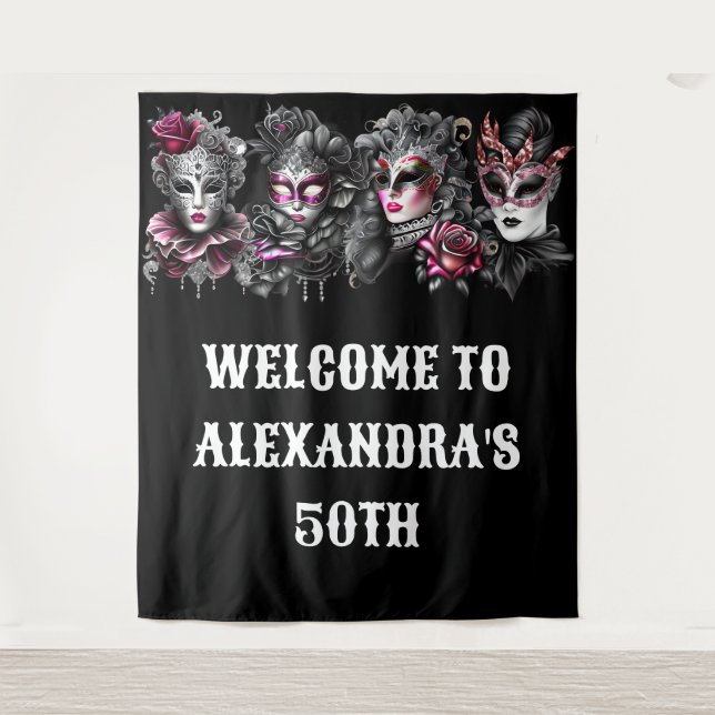 Tapiz Fútbol de mascaradas cumpleaños máscaras rosadas d (Anverso)