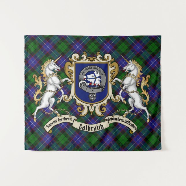 Tapiz Galbraith Clan Badge & Unicorns con Tartán (Anverso (horizontal))