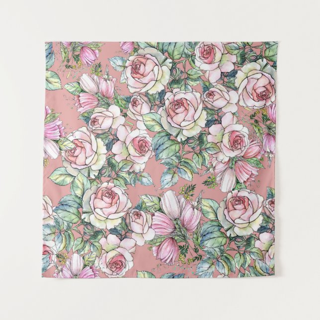 Tapiz Garden flowers rose with tulips painted in waterco (Anverso)