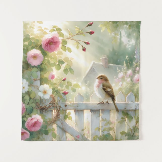 Tapiz Garden Rose Bird Watercolor Scene (Anverso)