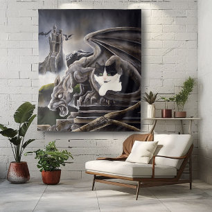 Tapiz Gargoyle de gato blanco negro