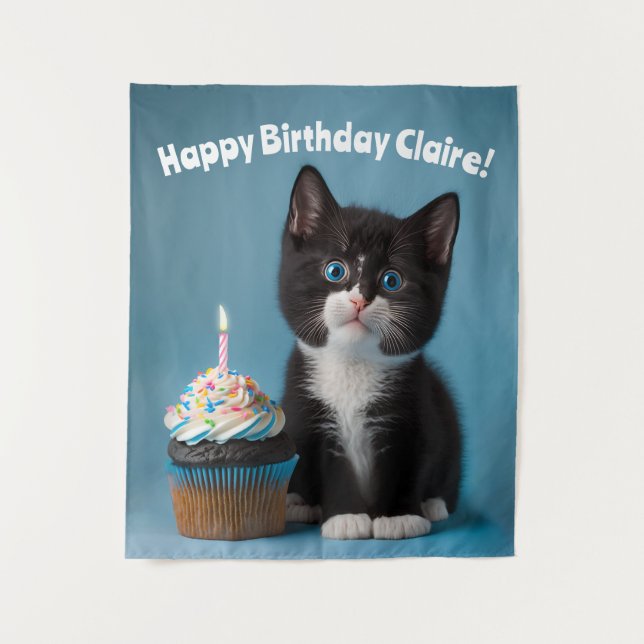 Tapiz Gatito Adorable de Cumpleaños, Personalizable (Anverso)