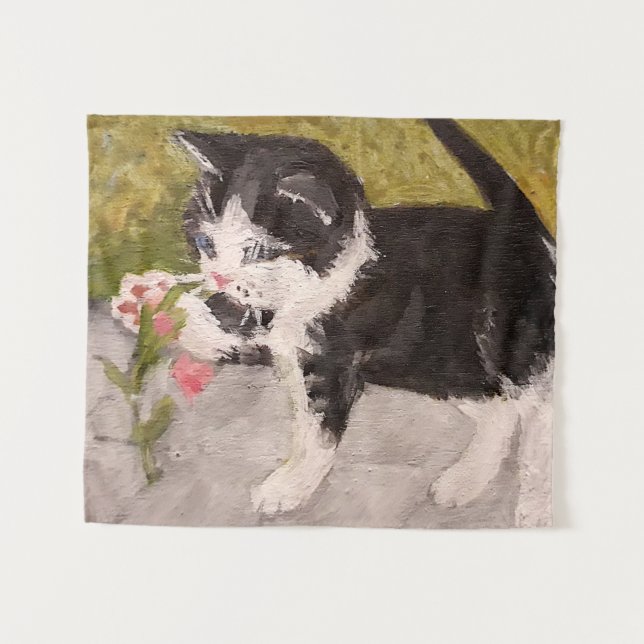 Tapiz Gatito jugando con flor rosa (Anverso (horizontal))