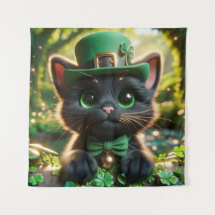 Tapiz Gatito negro con atuendo verde de San Patricio