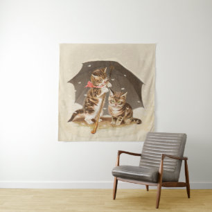 Tapiz Gatitos antiguos bajo paraguas arte de gato antigu