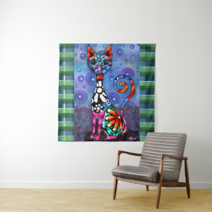 Tapiz Gato abstracto caprichoso y funky de ojos grandes