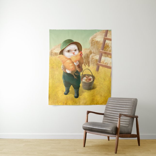 Tapiz Gato Adorable con Hen en la Granja (In situ)