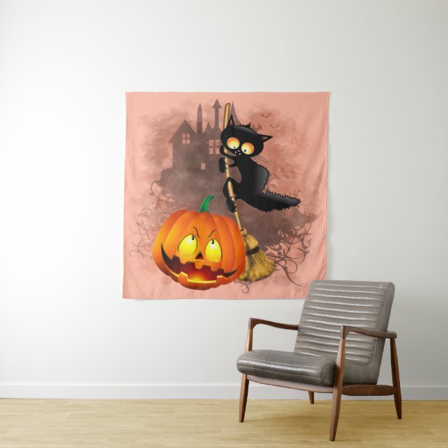 Tapiz Gato asustado por un personaje de Halloween divert (In situ)