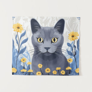 Tapiz Gato Azul Ruso Flores Amarillas