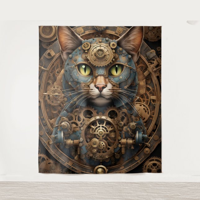 Tapiz gato azul steampunk arte AI Tapestry (Anverso)