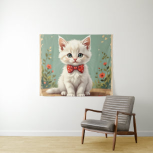 Tapiz Gato blanco adorable y lindo con corbata de moño