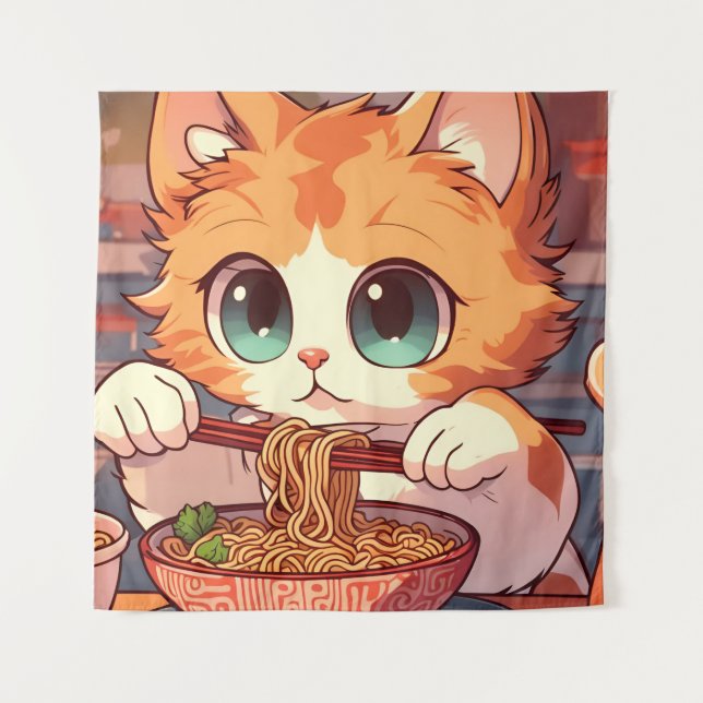 Tapiz Gato comiendo fideos de Ramen (Anverso)