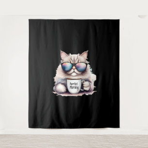Tapiz gato con gafas de sol y sosteniendo una taza de ca
