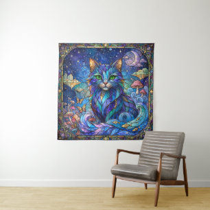 Tapiz Gato Cósmico Vidrio Emplomado Surrealista Ojos Ver