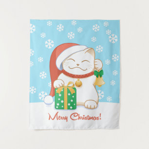 Tapiz Gato de Navidades blancos en un Gorra rojo