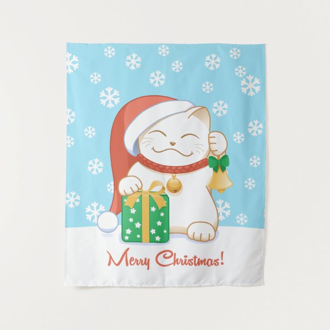 Tapiz Gato de Navidades blancos en un Gorra rojo (Anverso)