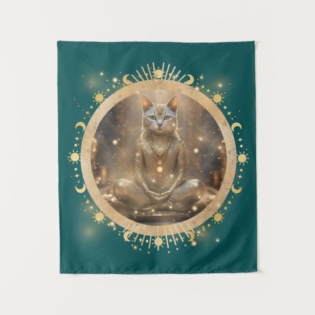 Tapiz Gato de Navidades cósmicos curados meditando (Anverso)