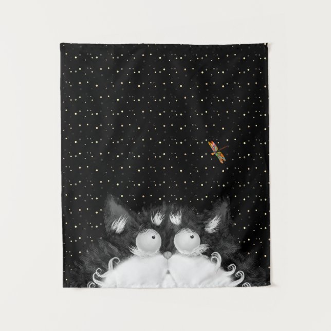 Tapiz Gato de Tuxedo sorprendido por libélula (Anverso)