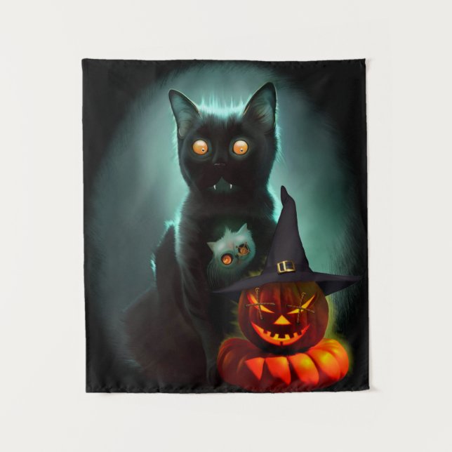 Tapiz Gato de vampiros y mago calabaza Halloween Surreal (Anverso)