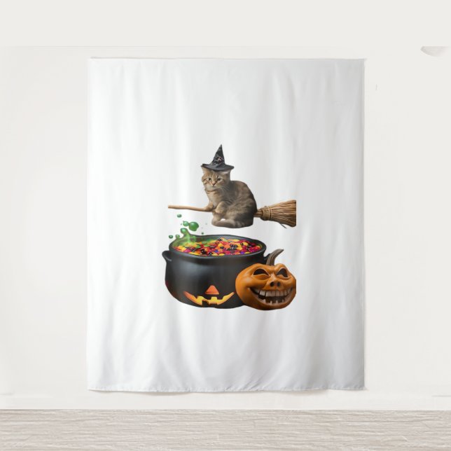 Tapiz Gato en un bastón de escoba en Halloween. Camiseta (Anverso)