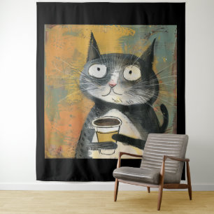 Tapiz Gato gris con café sobre ocre