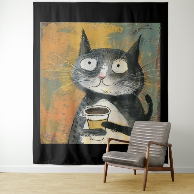 Tapiz Gato gris con café sobre ocre (In situ)