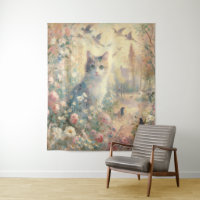 Gato impresionista y tapicería floral