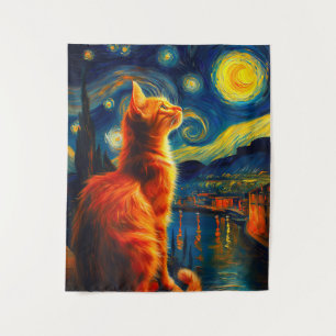 Tapiz Gato Jengibre Contemplativo   Cielo Nocturno Estre