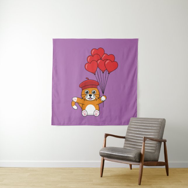 Tapiz Gato lindo con globos de corazón rojo (In situ)