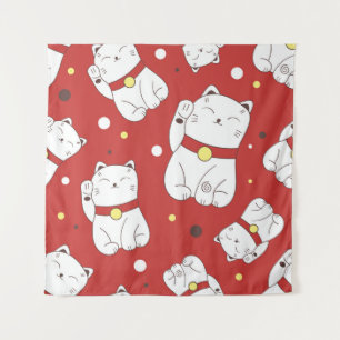 Tapiz Gato Maneki-Neko, patrón de doodle japonés.