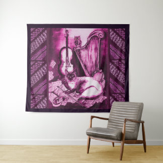 Tapiz GATO MUSICAL, OWL, VIOLIN Y HARP Púrpura Pink Musi