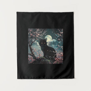 Tapiz Gato negro bajo la luna roja con flores de sakura