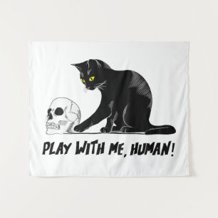 Tapiz Gato negro con cráneo jugando conmigo, humano ater