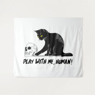 Tapiz Gato negro con cráneo jugando conmigo, humano ater