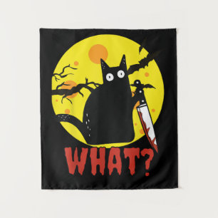 Tapiz Gato negro con cuchillo sangriento que dice qué gr